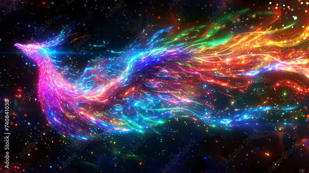 Magical fairy-tale rainbow shining phoenix bird in flight