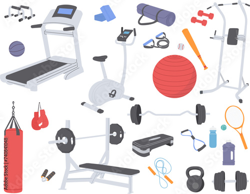 set for sports, exercise equipment, dumbbells, boxing bag on a white background vector