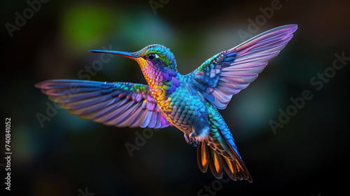 Glowing glittering multi-colored hummingbird in flight