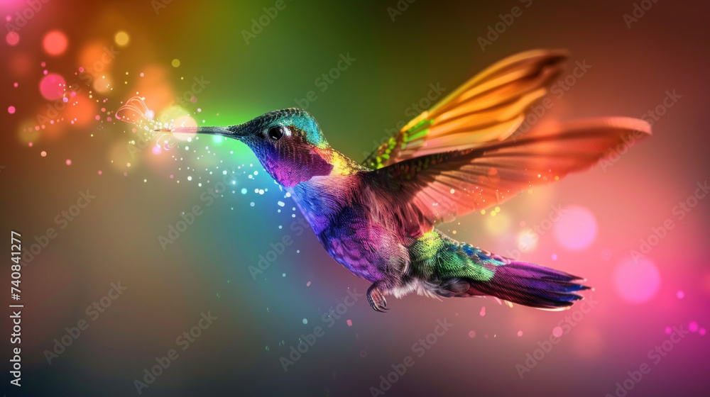 Fototapeta premium Magic glowing glittering multi-colored hummingbird in flight