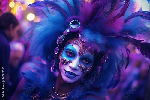 Woman in purple and blue carnival costume with long feathers. Carnival outfits, masks and decorations.