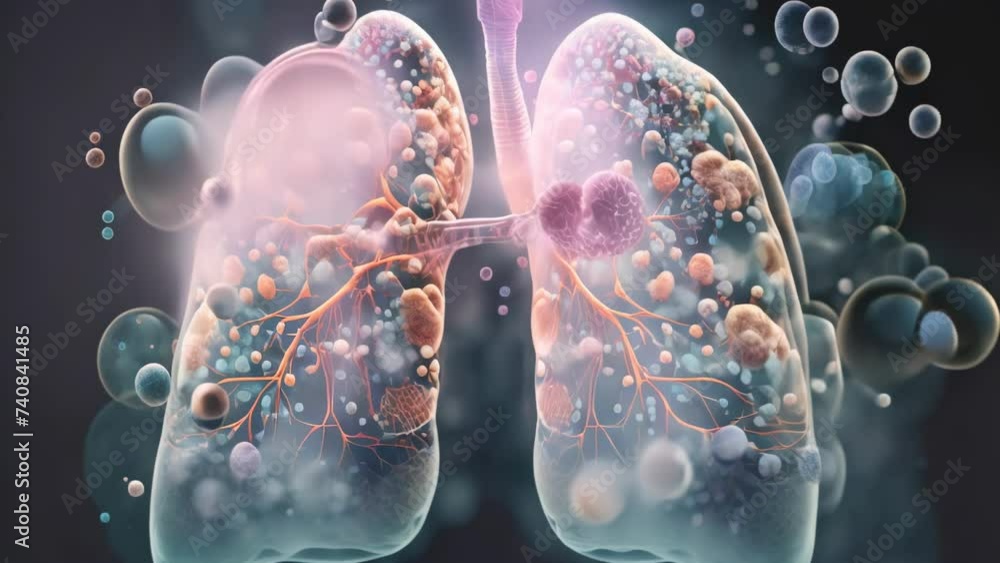 Detailed medical illustration of human lungs with alveoli and bronchial ...