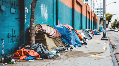 Makeshift camp of homeless people on city streets