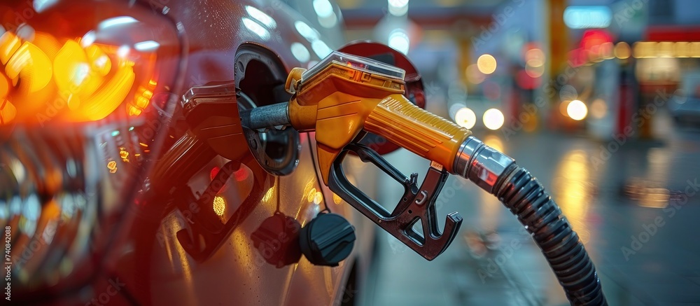 Petrol Station Scene, Gas Pump Nozzle in Fuel Dispenser, Facilitating Refueling with Gasoline and Diesel, Symbolizing Petroleum Industry and Service.