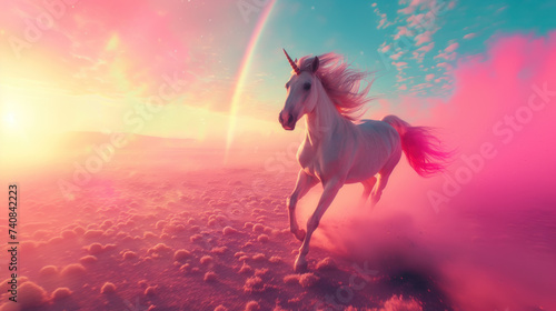 Magic unicorn in blossoming field  fairytale atmosphere