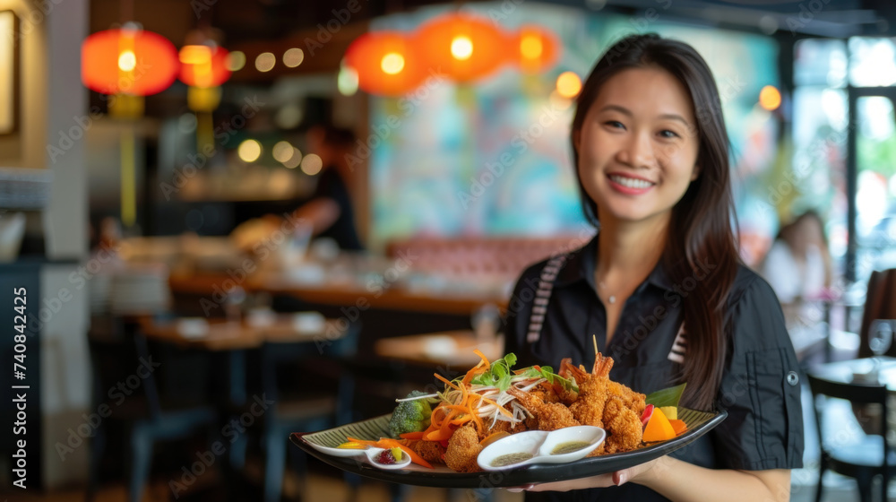Friendly smiling female waiter with a dish in restaurant setting Friendly smiling female waiter with a dish in restaurant setting