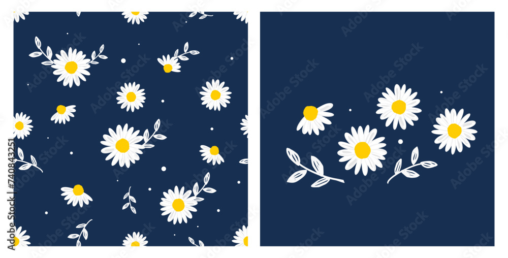 Seamless pattern with daisy flower and hand drawn leaf on dark blue background. Daisy icon set vector. Seamless pattern with daisy flower and hand drawn leaf on dark blue background. Daisy icon set vector.