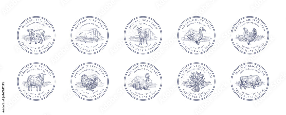 Farm Meat and Poultry Frame Retro Badges or Logo Templates Set. Hand Drawn Domestic Animals and Rural Landscape Sketches with Retro Typography. Vintage Sketch Emblems Collection Isolated Farm Meat and Poultry Frame Retro Badges or Logo Templates Set. Hand Drawn Domestic Animals and Rural Landscape Sketches with Retro Typography. Vintage Sketch Emblems Collection Isolated