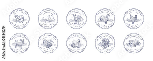 Farm Meat and Poultry Frame Retro Badges or Logo Templates Set. Hand Drawn Domestic Animals and Rural Landscape Sketches with Retro Typography. Vintage Sketch Emblems Collection Isolated