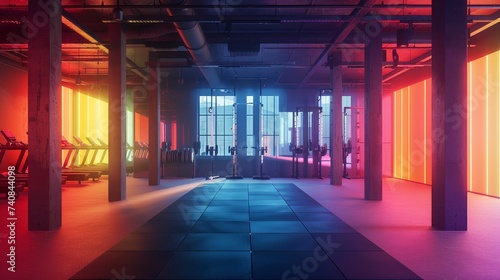A modern gym interior bathed in vibrant neon lighting, featuring rows of treadmills and weightlifting stations in a sleek design.