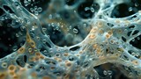 A close-up, abstract depiction of what appears to be a cellular structure, interspersed with fluid bubbles and intricate biological textures.