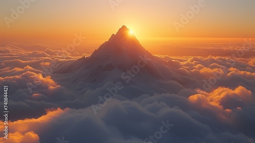 A majestic mountain peak piercing through a sea of clouds, bathed in the golden light of the setting sun photo