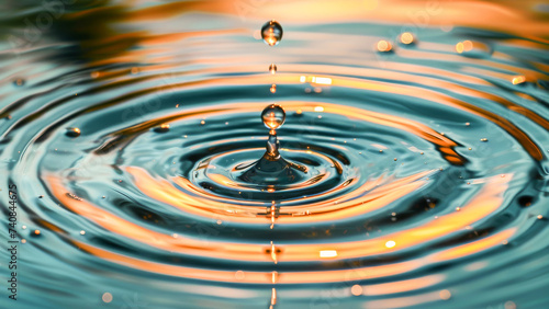 High-speed capture of a water droplet creating ripples on a serene water surface with golden sunset colors reflecting.