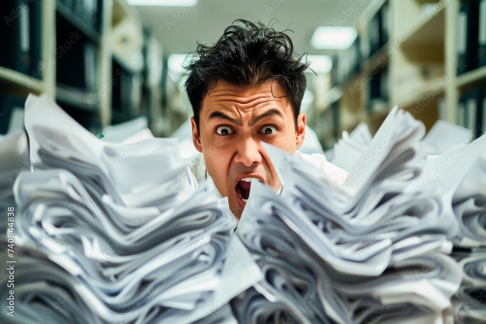 Stressed young man in an office, overwhelmed by a mountain of paperwork ...