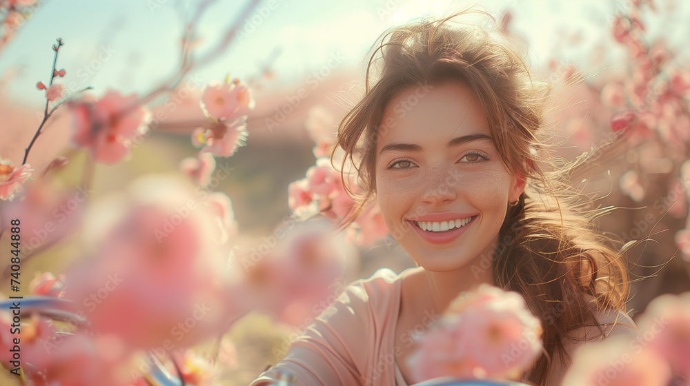Beautiful woman smiling on the photo, spring mood, flowering. Beautiful woman smiling on the photo, spring mood, flowering.