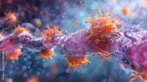 An in-depth look at the mechanism of viral infection, showing a virus binding to and penetrating the cellular membrane, depicted with high detail and vibrant colors.