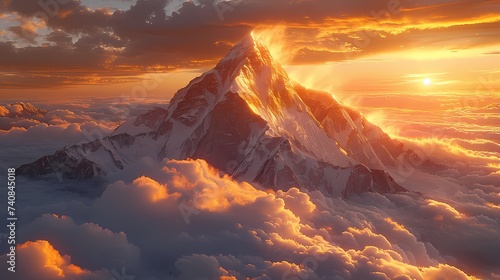 A majestic mountain peak piercing through a sea of clouds, bathed in the golden light of the setting sun