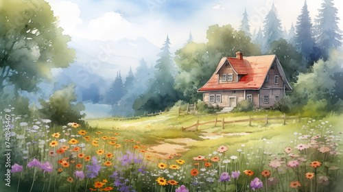 Pastoral Watercolor Scene of a Wooden House Amidst Nature