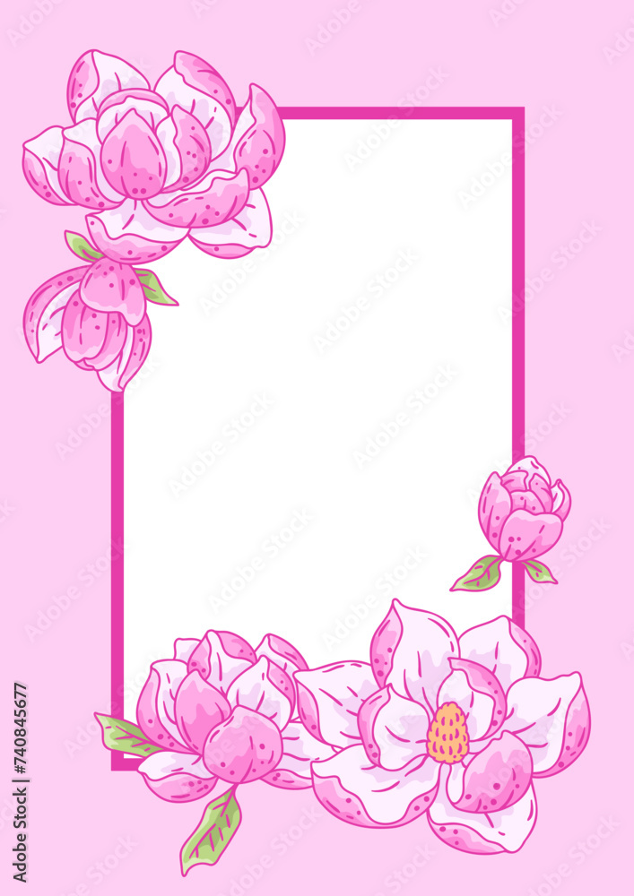 Frame with magnolia flowers. Beautiful decorative plants.