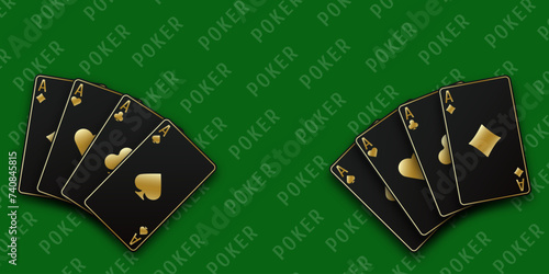 Green Poker table background. A hand fanned of playing cards consisting Ace of Spades, Diamonds, Clubs, Hearts. Vector illustration Poker of all the aces.