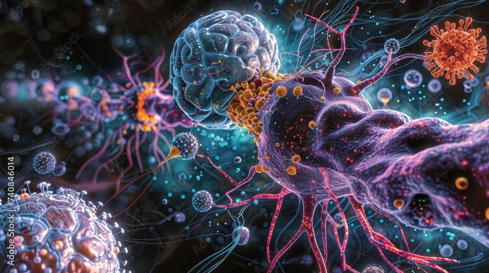 Digital artwork of neural synapses within a neural network being invaded by various pathogens, highlighting the intersection of neurology and immunology.