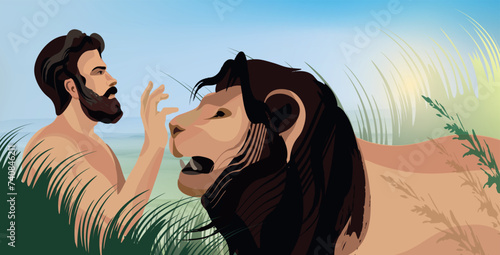 Adam is giving names to animals. Eden Garden.  Biblical illustration. Genesis. Bible series. Illustration for Bible stories.