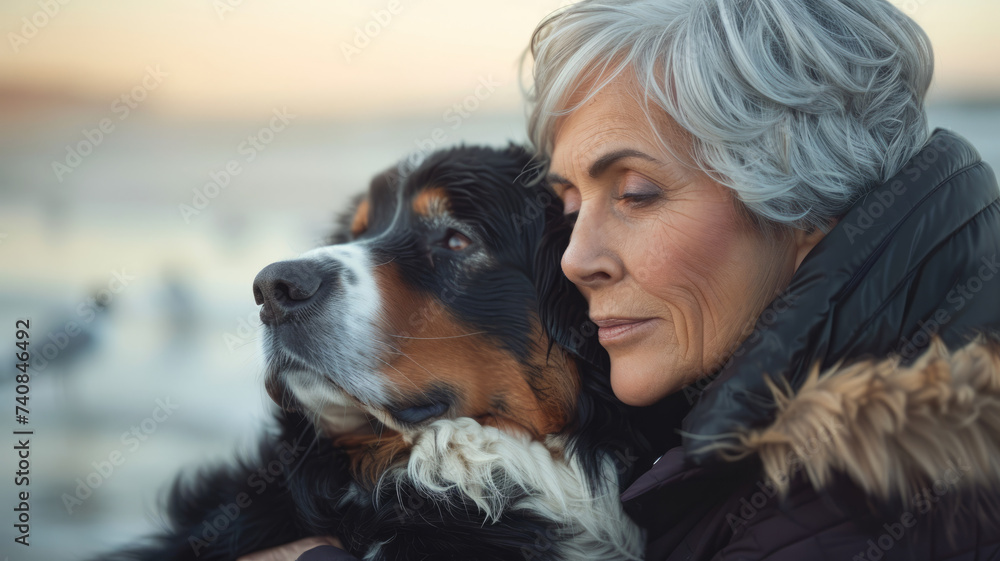 An elderly gray-haired woman enjoys a walk with her dog. An elderly gray-haired woman enjoys a walk with her dog.