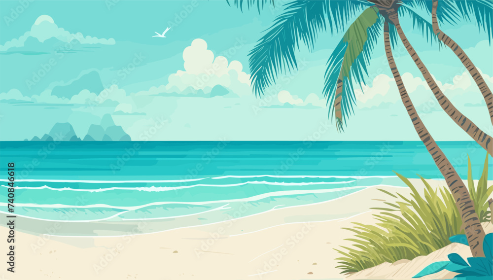 Tropical Sea beach background, landscape with sand beach, sea water edge and palm trees. Colorful vector art illustration, banner, wallpaper