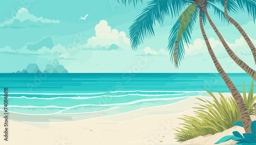 Tropical Sea beach background  landscape with sand beach  sea water edge and palm trees. Colorful vector art illustration  banner  wallpaper
