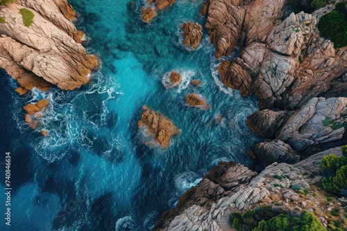 This aerial photo captures a majestic rocky coastline meeting the vibrant blue waters  Dramatic aerial scenery of azure sea surrounding rugged rocks  AI Generated