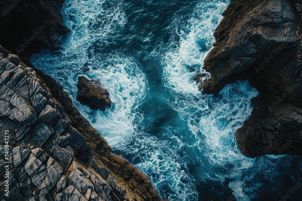 Aerial View of the Ocean, Blue Waters and White Waves, Dramatic aerial shot of ocean waves beating against the magnificent rocks, AI Generated