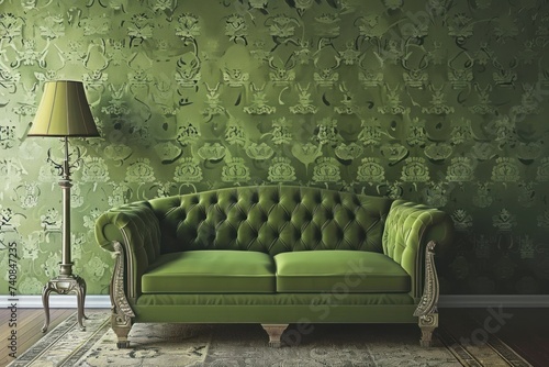 Olive wallpaper with damask pattern