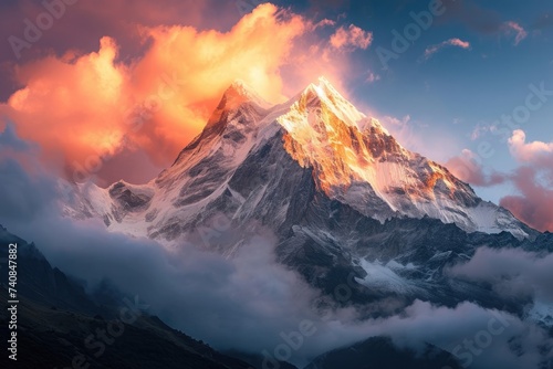 A soaring mountain is enveloped in clouds against a backdrop of a cloudy sky, Dramatic sunrise illuminating a mountain peak, AI Generated © Iftikhar alam
