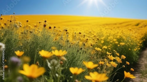 Beautiful field of yellow flowers in the sunset light.