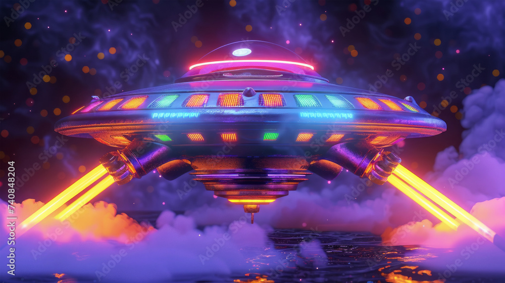 Obraz premium unusual alien spaceship with multicolored lights