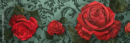 Rose wallpaper with damask pattern