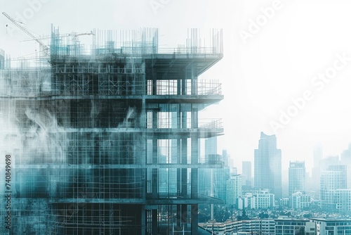 A towering building releasing a large amount of smoke into the air, Dual layer of an under-construction future building and the city skyline, AI Generated