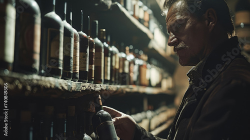 A man chooses wine in an ancient wine cellar