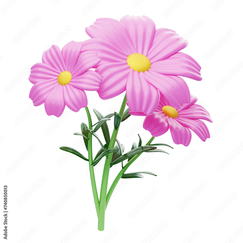 Cosmos Flower 3D Model Of Three Blossoms. 3d illustration, 3d element, 3d rendering. 3d visualization isolated on a transparent background