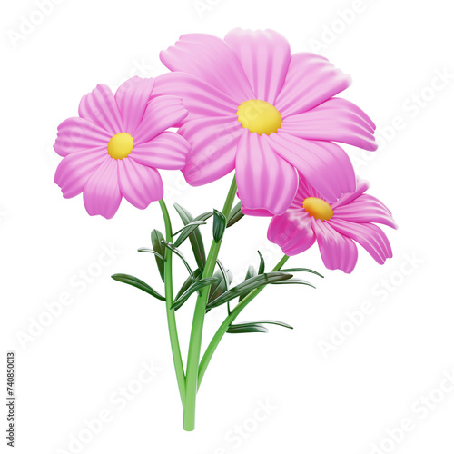 Cosmos Flower 3D Model Of Three Blossoms. 3d illustration  3d element  3d rendering. 3d visualization isolated on a transparent background