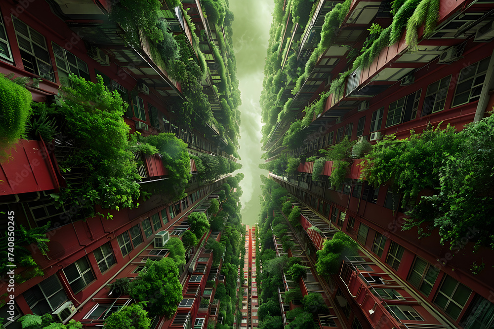 vertical gardening in the city, skyscrapers with green plants - obrazy, fototapety, plakaty 