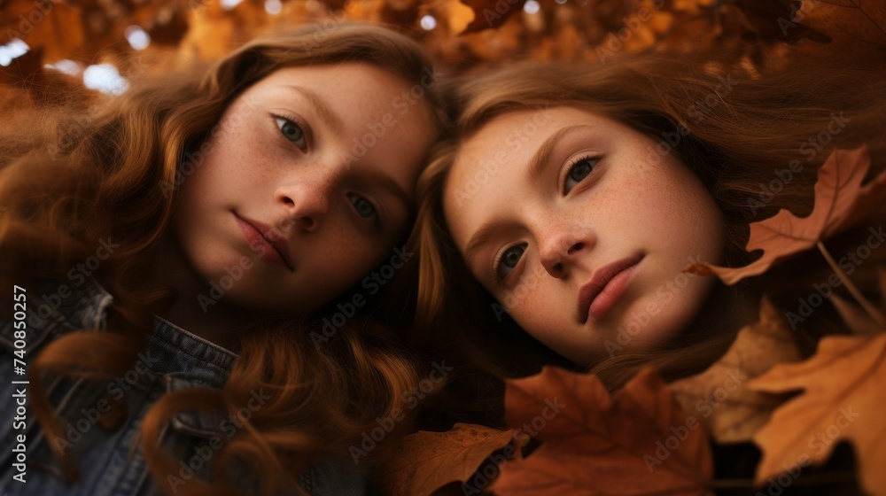 Top view of a portrait of two beautiful young teenage girls lying on the ground among fallen leaves and looking at the camera on an autumn day.