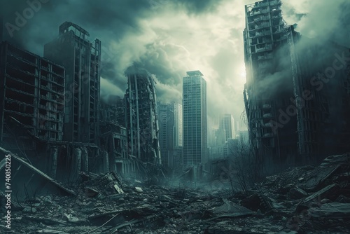 A view of a city resiliently situated amidst the wreckage and destruction of its surroundings, Dystopian cityscape after environmental collapse, AI Generated photo