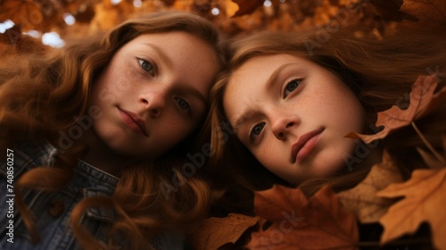 Top view of a portrait of two beautiful young teenage girls lying on the ground among fallen leaves and looking at the camera on an autumn day.