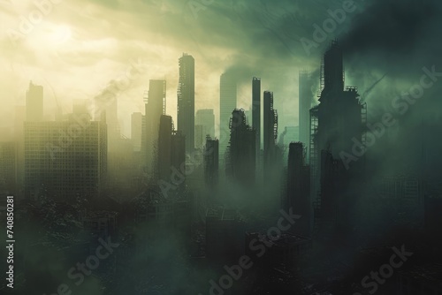 A cityscape emerges from a thick layer of fog, revealing towering skyscrapers in the midst of a misty sky, Dystopian cityscape after environmental collapse, AI Generated