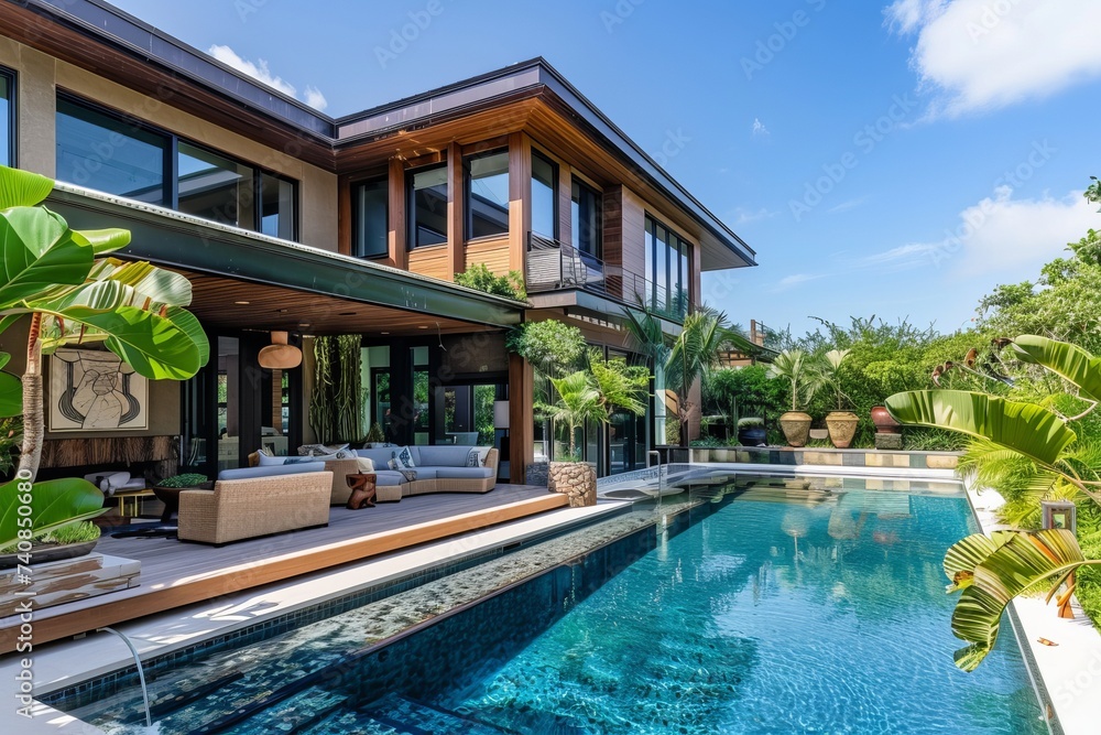outside view of modern luxury home with pool 