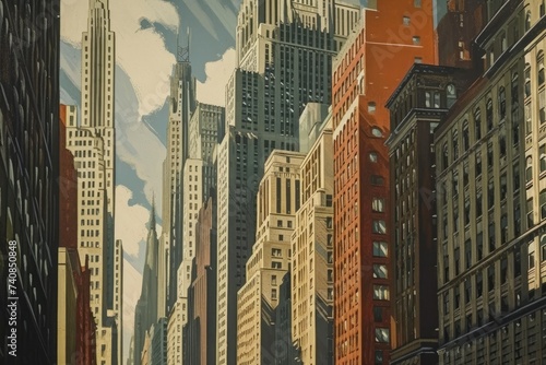 A realistic painting showcasing a bustling city with towering buildings and a vibrant urban landscape, Early twentieth-century cityscape with dominating art deco style skyscrapers, AI Generated
