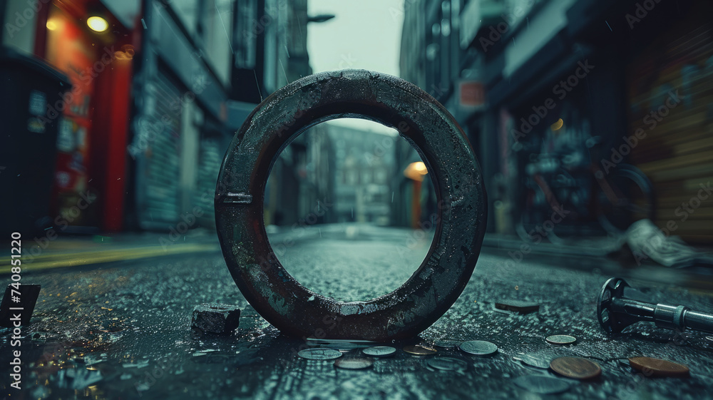 Large steel ring on a city street Large steel ring on a city street