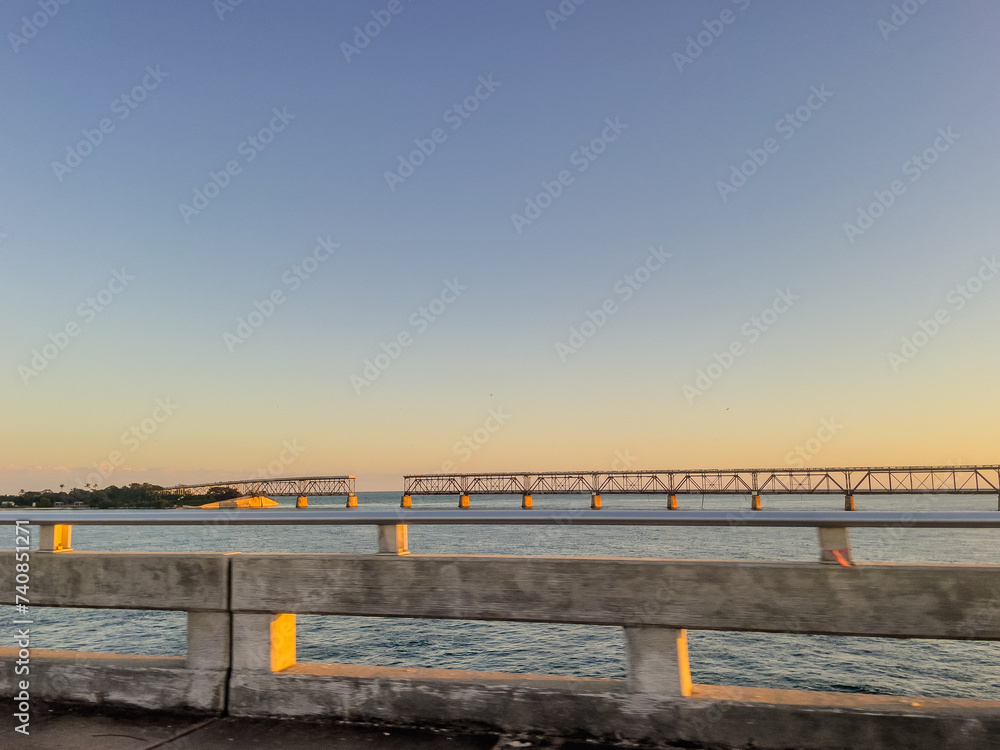 Beautiful view of a Port in Key west,  highway bridge USA flag and yachts, road 1 in Florida USA