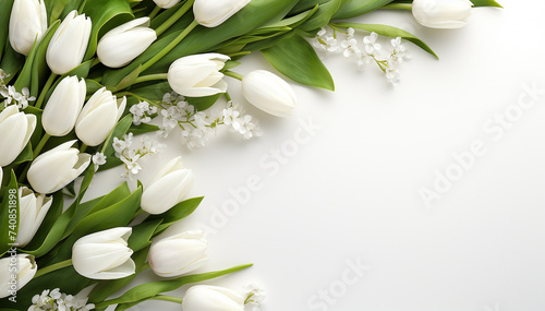 Mother day. Tulips flowers isolated on white background top view. Flower arrangements. Blooms for mom. Copy space. Wedding concept. Bride beautiful bouquet. Birthday, Valentine day. Banner